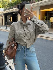 Juhart Dark Brown Plaid Bow Collar Long Sleeve Shirt, Academic Elegant Style, Autumn Daily Work Commute Blouse - Brown - View 1