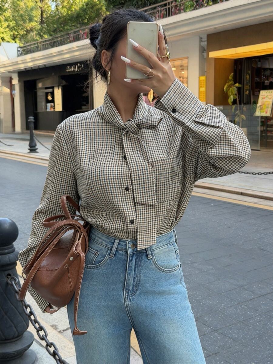 Juhart Dark Brown Plaid Bow Collar Long Sleeve Shirt, Academic Elegant Style, Autumn Daily Work Commute Blouse - Brown - View 1