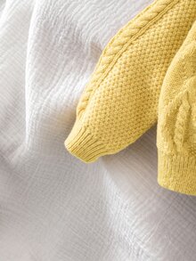 SHEIN 女童純色針織圓領花瓣袖休閒開襟毛衣 秋冬針織衫 - 芥末黃 - 查看 9