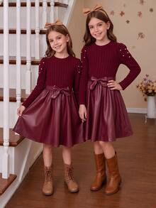 SHEIN Tween Girls Fall Winter Elegant Cute Patchwork Dress, Pearl Beaded Puff Long Sleeve Knit Top Bow Belted A-Line For Thanksgiving Party Formal - Burgundy - View 6