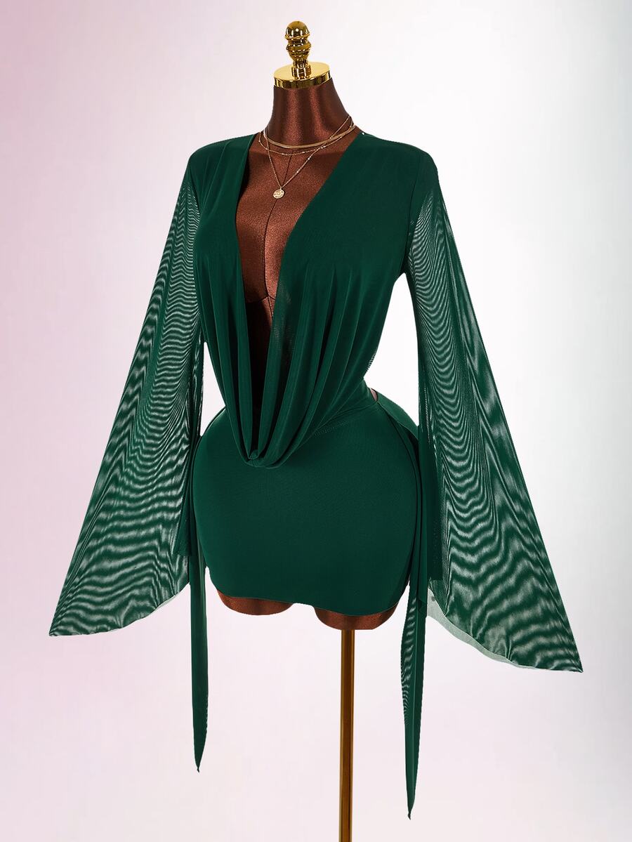 Amplova Romantic Vacation Earthy Tone Low-Cut Draping Collar, Flared Sleeves, Bodycon Mini Dress - Dark Green - View 1