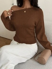 Aloruh 女款休閒法式優雅亮片性感秋季新款針織不對稱露肩喇叭袖毛衣上衣 寬鬆上身修身下擺 灰粉色 - 棕色 - 查看 3