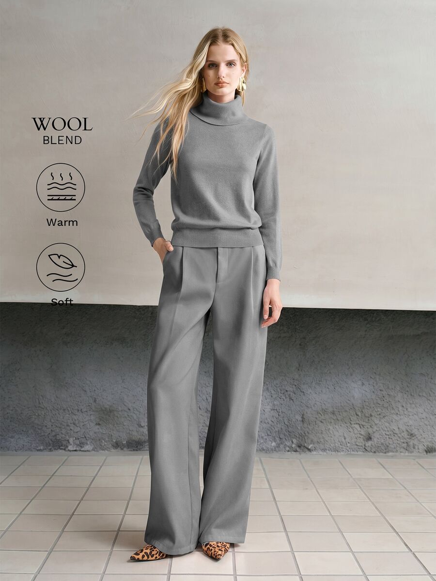 MOTF PREMIUM WOMEN'S SOLID COLOR LONG SLEEVE CASUAL VERSATILE TURTLENECK SWEATER - Light Grey - View 1