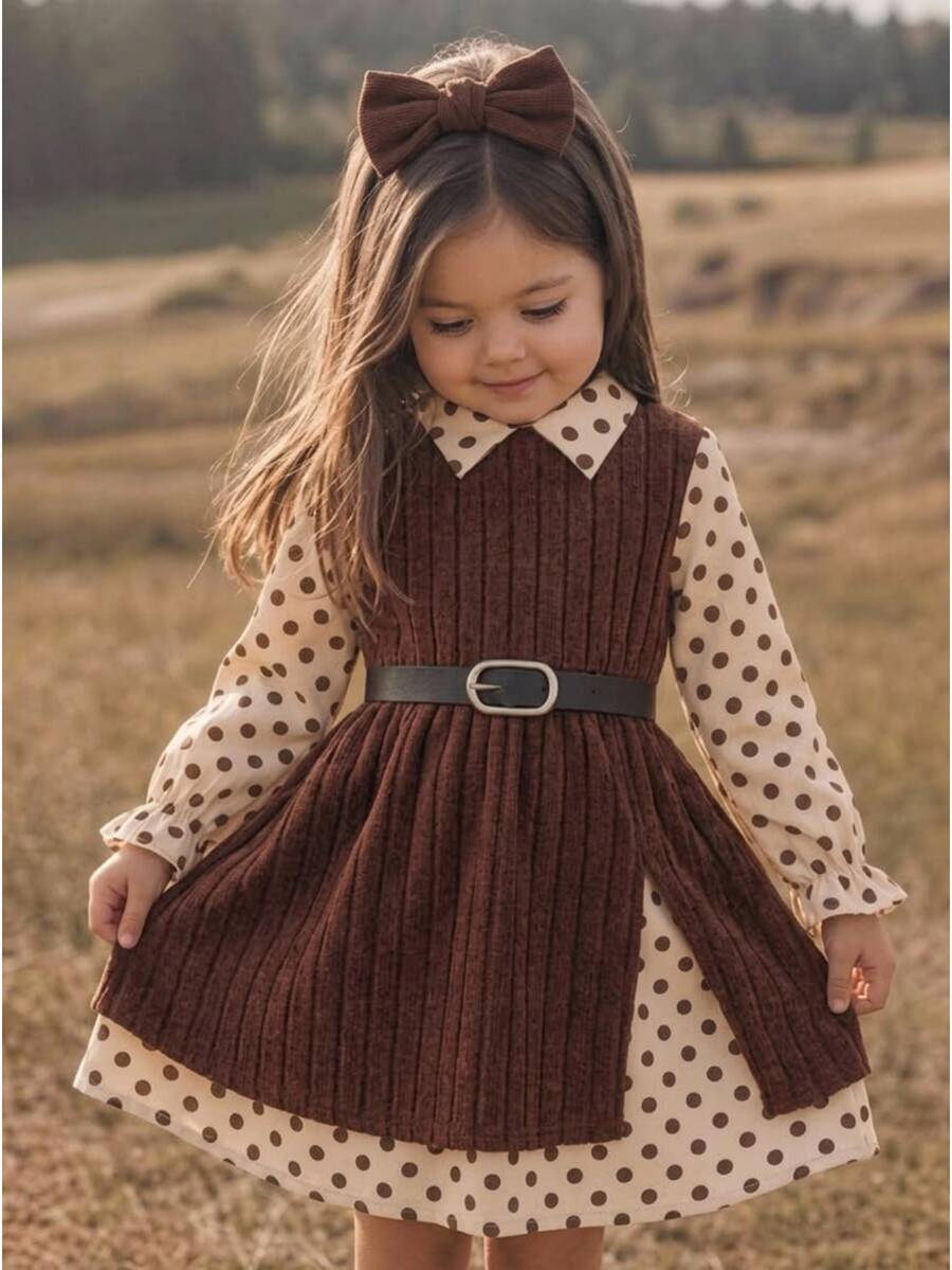 SHEIN Gaun Kasual Rajut Warna Polos untuk Bayi Perempuan dengan Kerah Berumbai - MultiWarna - View 1