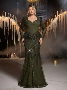 Glamrae Plus Size Army Green Luxury Beaded Sequin Patchwork Elastic Fabric Elegant Mermaid Tail Heavy Work Evening Gown - Army Green - View 4