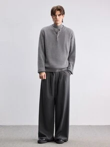RONVEXI Men's Ribbed Minimalist Button Half-Placket Long Sleeve Sweater - Grey - View 2