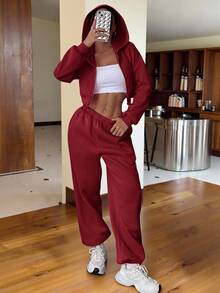 SHEIN EZwear 女款休閒粉色連帽衛衣與運動長褲兩件式居家服套裝 - 酒紅色 - 查看 6