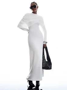 LYSMO Women's Designer Fashion Pleated Cape Dress Dinner Party White Elegant - White - View 4