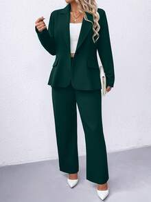 Elenzga Plus Size Solid Color Formal Suit Jacket & Pants Set - Green - View 3