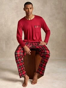 EverLounge Men's Plaid Pocket Top And Pants Loungewear Set - Red - View 7