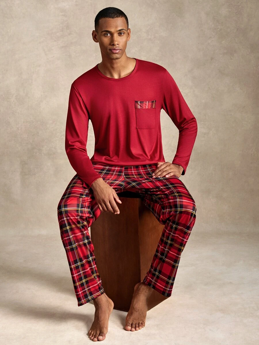 EverLounge Men's Plaid Pocket Top And Pants Loungewear Set - Red - View 1