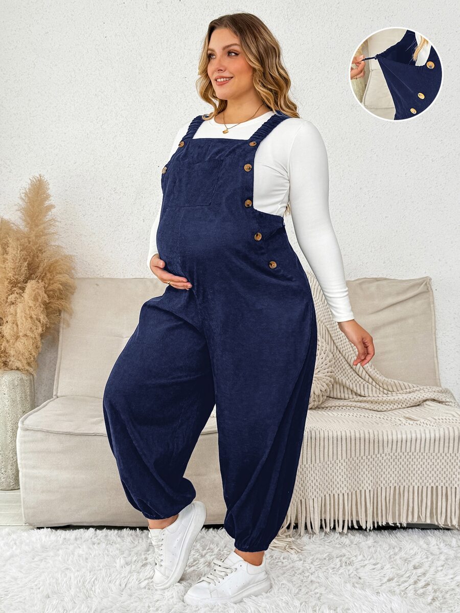 Plussiva أوفرول حمل مقاس كبير بلون سادة مع تفاصيل أزرار بدون تي شيرت لجلسات التصوير والخروجات الصيفية - أزرق بحري - مشاهدة 1