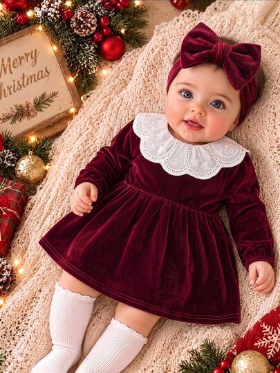 Baby Girl Velvet Thick Long Sleeve Ruched Waist Lace Embroidered Peter Pan Collar Loose Long Dress Suitable For Winter Christmas
