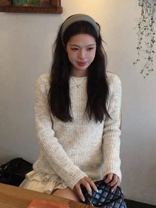 DAZY 女款蝴蝶結綁帶長袖拼色韓風針織衫 - 米色 - 查看 3