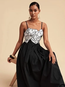 Travachic Elegant Embroidered Fashion Pleated Spaghetti Strap Dress - Black - View 7
