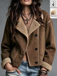 LUMIGAL Women's Autumn/Winter Long Sleeve Thermal Lined Single-Breasted Casual 90s Retro Loose Fit Jacket Everyday Hiking Brown - Brown - View 7