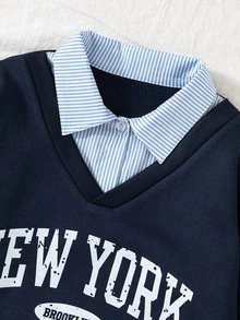 Tween Girls Fleece Lined 2-In-1 College Sweatshirt & Wide Leg Pants Set - Navy Blue - View 5