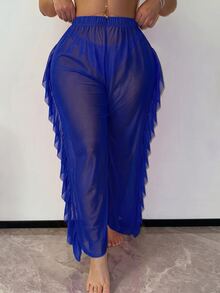 Slaydiva Plus Size Women's Vacation Side Patchwork Ruffle Cover-Up Pants - Royal Blue - View 1