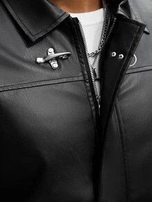 Manfinity CasualCool جاكيت جلد كاجوال للرجال مع إبزيم طائرة - الأسود - مشاهدة 8
