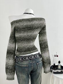 Elamini 女款黑色秋冬獨特不對稱肩色塊條紋金屬線收腰喇叭袖針織毛衣，1件 - 軍綠色 - 查看 2