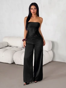SHEIN PETITE Women's Satin & Lace Patchwork Bandeau Top And Long Pants 2 Pieces Set - Black - View 5