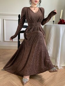 DAZY Autumn Women's Elegant Sequin One-Shoulder Mermaid Mid-Length Dress - Coffee - View 8