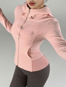 DAZY Women's Letter Embroidered Zipper Front Drawstring Hooded Sports Jacket - Pink - View 10