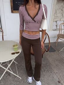 FavEase 1pc Women's Fitted Striped 7/8 Sleeve Long Pants Sports Two-Piece Set - Multicolor - View 5