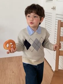 DAZY Infant/Toddler (Boys) Round Neck Diamond Grid Korean Style Long Sleeve Sweater - Grey - View 5