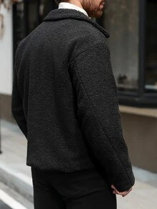 Manfinity CasualCool جاكيت رجالي أسود من صوف الحمل بياقة فضفاضة من الفليس التيدي للخريف/الشتاء - الأسود - مشاهدة 2