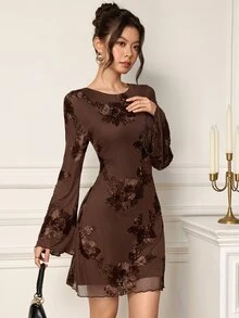 EastFlair Women's French Style Long Sleeve Embroidered Dress For Vacation - Mocha Brown - View 6
