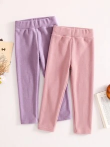 [Randomly 2 Sets]Girls' Autumn/Winter New Thick Fleece-Like Exquisite Bow Heart Embroidery Minimalist Comfortable Casual Knit Leggings, Skin-Tight - Multicolor - View 3