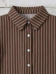 Mellowie New Year Thanksgiving Christmas Plus Size Women's Striped Casual Loose V-Neck Double Layer Ruffle Flutter Sleeve Blouse Autumn/Winter New Arrival - Brown - View 5