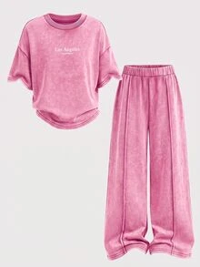 SHEIN 女童字母印花圓領短袖T恤與長褲休閒日常套裝 - 粉色 - 查看 5