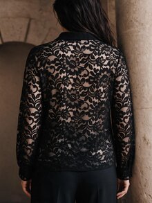 Cravure Plus Size Women's Autumn/Winter Asymmetric Lace Contrast Color Elegant Exquisite Casual Blouse - Black - View 2