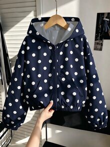 SHEIN 女童復古可愛日系風棕色波點連帽外套，秋季服飾，經典底色搭配滿版印花，寬鬆版型學生款 - 藏蓝色 - 查看 1