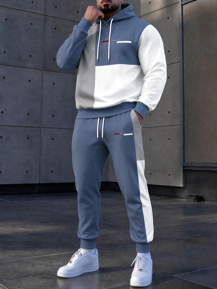 Manfinity Homme 男士拼色長袖連帽衛衣與長褲休閒日常套裝 - 黑色 - 查看 1