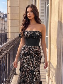 Poshira Women's Sequin Embroidered Patchwork Wedding Dress Satin Strapless Long Formal Evening Gown (Heavy Workmanship Style) - Navy Blue - View 6
