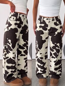 SHEIN Tween Girl Cow Print Wide Leg Loose Casual Denim Jeans - Multicolor - View 5