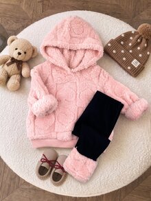 SHEIN 女嬰絨毛長袖連帽衛衣與長褲套裝 - 粉色 - 查看 6