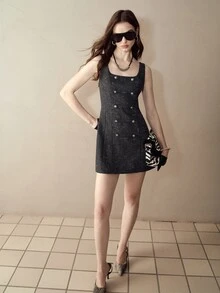 MOTF PREMIUM ROUND NECK SLEEVELESS BUTTON DECOR WOOL JACQUARD GLITTER FABRIC MINI DRESS - Grey - View 5