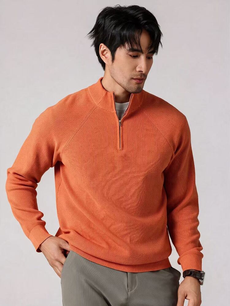 Marcello Vane Casual Fashion Versatile Solid Color Loose Fit Long Sleeve Men Sweater Men Quarter Zip Sweater Men Mock Neck Sweater Men Brown Sweater , Fall Winter - Coral Orange - View 6