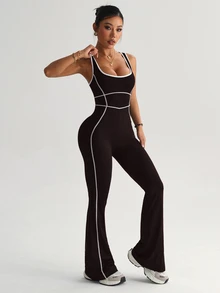 SHEIN Sports 女款瑜伽戶外健身連身褲，寬肩帶緊身顯瘦喇叭褲，對比色條紋設計 - 棕色 - 查看 7