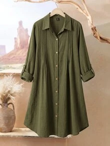 Rusticease Plus Size Women Solid Color Rolled Sleeve Single-Breasted Casual Shirt Dress Fall - Multicolor - View 4