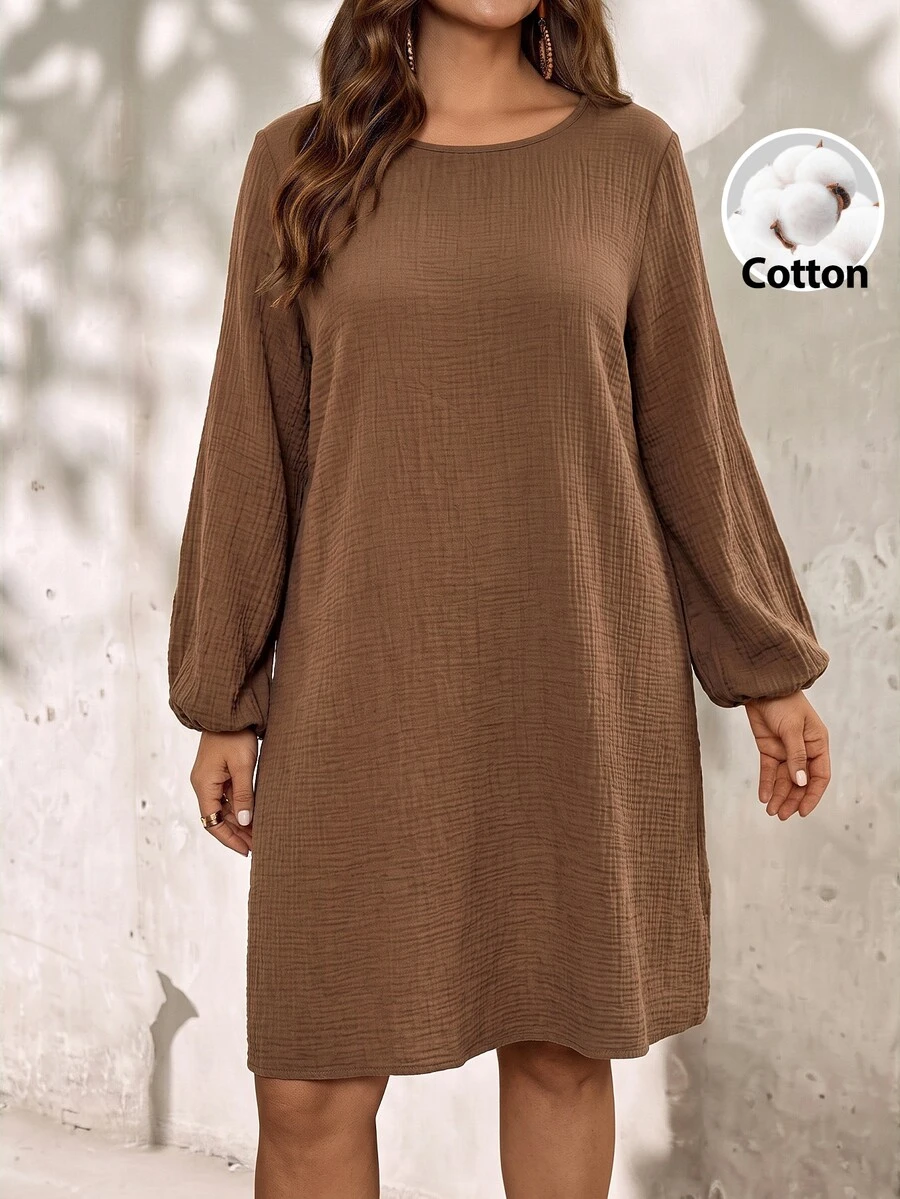 EMERY ROSE Plus Size Brown Textured Round Neck Long Sleeve Dress Elegant Formal Fall Winter 2026 - Brown - View 1