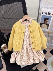 SHEIN 女童純色針織圓領花瓣袖休閒開襟毛衣 秋冬針織衫 - 芥末黃 - 查看 2