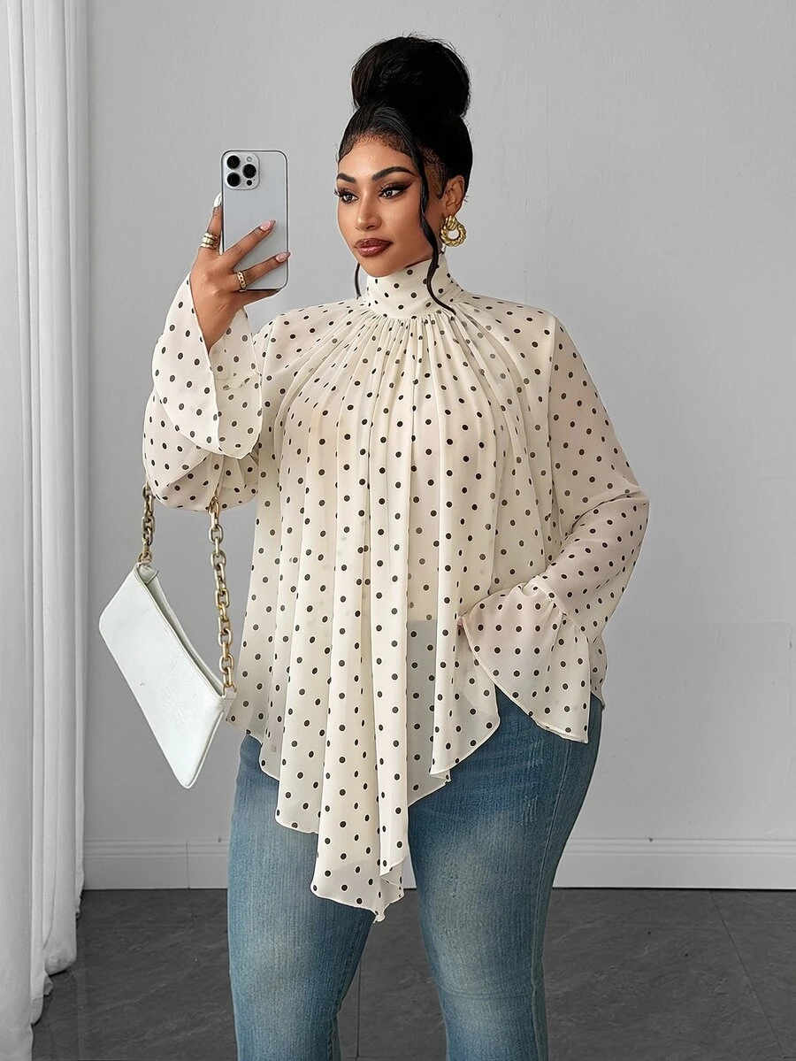 Maweii Plus Size Women's New Apricot Semi-Sheer Stand Collar Ruched Asymmetrical Flared Sleeve Chiffon Blouse, Loose Draped Fit, Stacked Stand Collar, Full Front Ruched Detail, Asymmetrical Hemline, Slightly Sheer Chiffon Flared Long Sleeves, Hidden Mushroom Button Back Collar, Commute Chiffon Top, Workplace Date Atmosphere, Gentle Fairy Style, Spring Autumn Loose Fit - Apricot - View 1