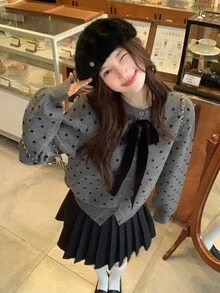 DAZY Cardigan Kasual Wanita Motif Polkadot dengan Hiasan Pita - Grey - View 4