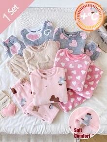 2pcs Baby Girl Comfortable Soft Plush Pink Cute Bear & Pony Animal Print Crew Neck Long Sleeve Pants Pajama Set - Pink - View 9