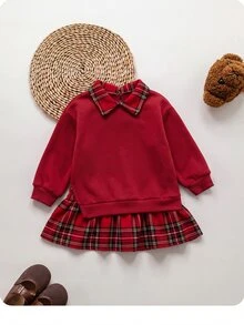 SHEIN 女嬰可愛棕色針織拼接格紋長袖秋冬洋裝 - 彩色 - 查看 1